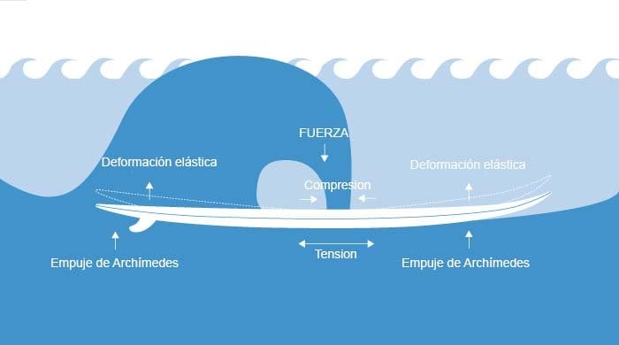 impacto de una ola en una tabla de surf